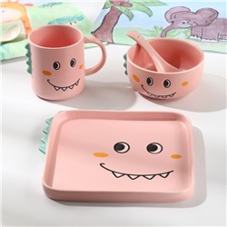 Набор детской посуды из керамики «Дино», 4 предмета: блюдо 19,5×20,5 см, миска 350 мл, кружка 350 мл, ложка, цвет розовый