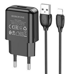 Адаптер Сетевой с кабелем Borofone BA64A USB 2,1A/5W (USB/Lightning) (black)