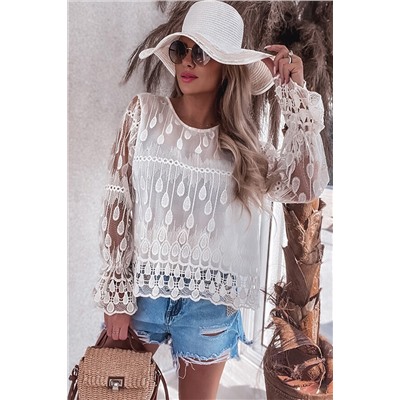 Beige Embroidered Mesh Flounce Sleeve Blouse