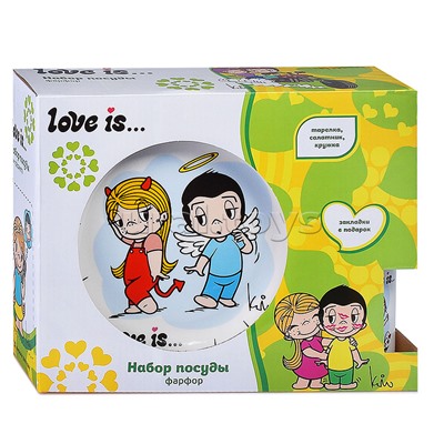Набор посуды в подарочной упаковке "Love is...", дизайн 1, 3 предмета,  фарфор