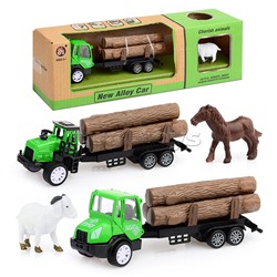 Набор "Трактор двухколесный" с бревнами и животным, в коробке