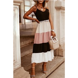 Многоярусное платье-миди в стиле колорблок: черный, розовый, белый