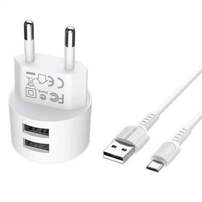 Адаптер Сетевой с кабелем Borofone BA23A Brilliant 2USB 2,4A/10W (USB/Micro USB) (white)