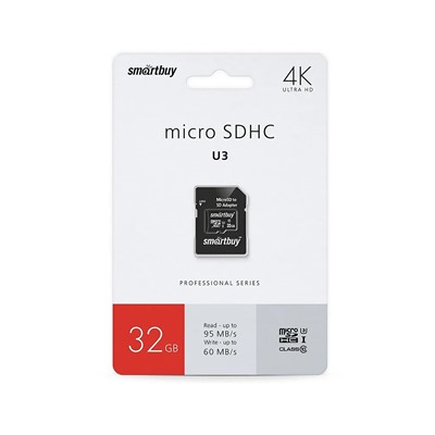 Карта флэш-памяти MicroSD 32 Гб Smart Buy +SD адаптер (class 10) PRO U3 R/W:95/60 MB/s
