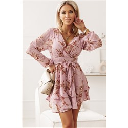 Нежно-розовое двухслойное платье с V-образным вырезом и рюшами с цветочным принтом