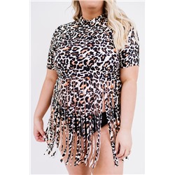 Леопардовое платье-купальник плюс сайз с воротником под горло и бахромой + плавки