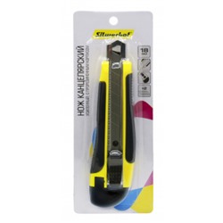 Нож канцелярский 18 мм фиксатор усиленный 2 сменных лезвия желтый/черный блистер (1398625) SILWERHOF