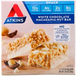 Atkins, Снеки: батончик с белым шоколадом и орехом макадамия, 5 батончиков, весом 40 г (1,41 унции) каждый
