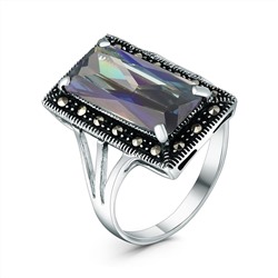 Кольцо из чернёного серебра с плавленным кварцем цвета мистик и марказитами