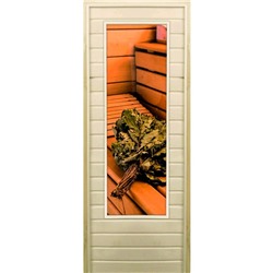 Дверь для бани со стеклом (43*129), "Веник на полке", 180×70см, коробка из осины