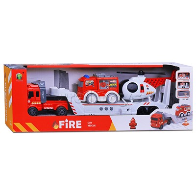 Автовоз с пожарной машиной и вертолетом, на батарейках, в коробке