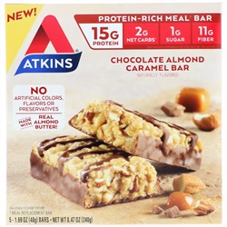 Atkins, Баточник для перекуса, батончик с шоколадом, миндалем и карамелью, 5 батончиков, по 1,69 унции (48 г) каждый