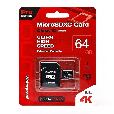 Карта флэш-памяти MicroSD 64 Гб Qumo +SD адаптер Pro seria UHS-1 U3