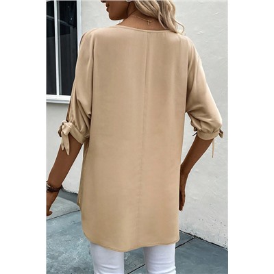 Parchment Knotted Slits Half Sleeve Tunic Blouse