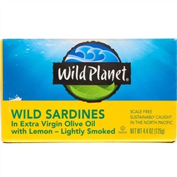 Wild Planet, Сардины в масле первого отжима с лимоном, 4,4унции (125 г)