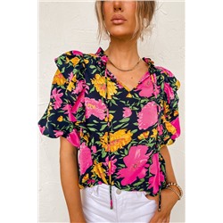 Rose Red Floral Bubble Sleeve Notch V Neck Ruffled Blouse