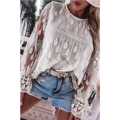 Beige Embroidered Mesh Flounce Sleeve Blouse