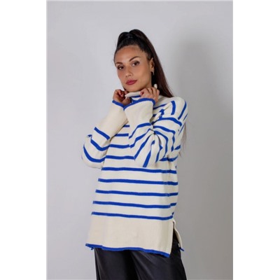 Теплая туника в полоску высокий ворот арт. 2918 (Молочный_синяя полоса)