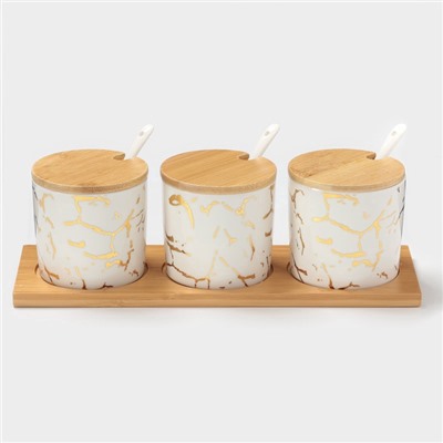 УЦЕНКА Набор банок на деревянной подставке 3 шт. «Эстет. Gold» 29.5×10×10 см, белая