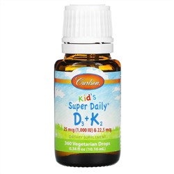 Carlson Labs, Super Daily D3+K2 для детей, 25 мкг (1000 МЕ) и 22,5 мкг, 10,16 мл (0,34 жидк. унции)