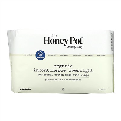 The Honey Pot Company, Organic Incontinence Overnight, Non-Herbal Cotton Pads With Wings, 16 Count