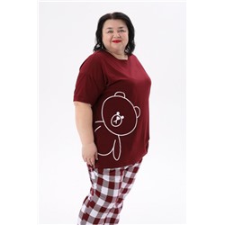 Пижама больших размеров с брюками Мишка (Бордовый)