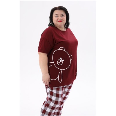 Пижама больших размеров с брюками Мишка (Бордовый)