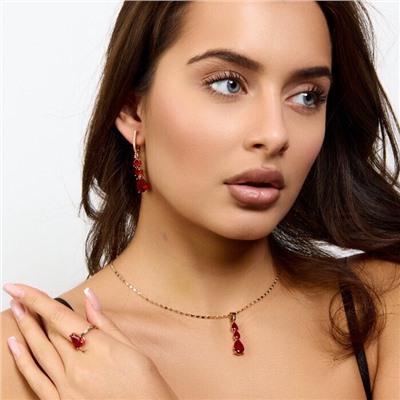 Комплект ювелирной бижутерии коллекция "Дубай" серьги, кулон и кольцо 18 р, покрытие позолота, вставка: фианиты и цирконы, цвет: красный и прозрачный, арт.414.289-18