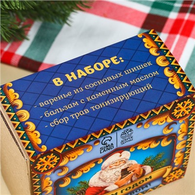 Подарочный набор новогодний «Будьте здоровы»: чай тонизирующий 20 г, варенье из сосновых шишек 30 г, бальзам 100 мл.