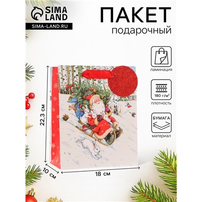 Пакет подарочный новогодний ламинированный «На санях», люкс, 18×22.3×10 см