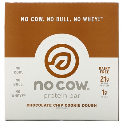 No Cow, Protein Bar,  Chocolate Chip Cookie Dough, 12 Bars, 2.12 oz (60 g) Each