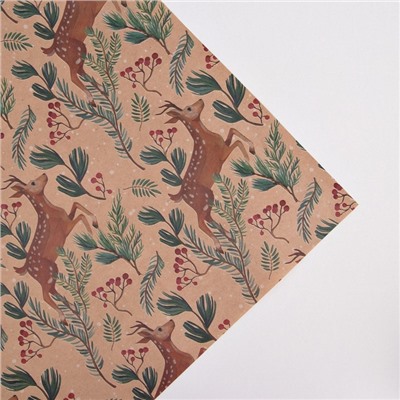 Бумага упаковочная новогодняя крафтовая «Олени», 50×70 см