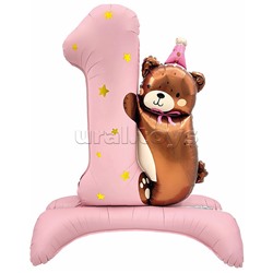 Шар (35''/89 см) Цифра, 1 Годик, Мишка в колпачке, Розовый, Сатин, 1 шт. в уп.