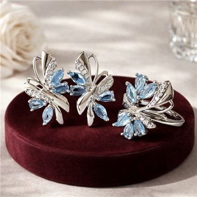 Комплект ювелирная бижутерия, серьги и кольцо посеребрение, камни цвет голубой, р-р 20, 76168, арт.414.461-20