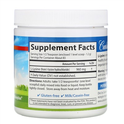 Carlson Labs, L-лизин, аминокислота в форме порошка, 100 г