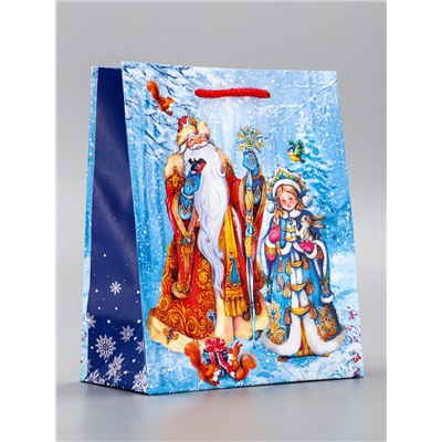 Пакет подарочный новогодний ламинированный, «Дед Мороз и Снегурочка», 18×10×22.3 см