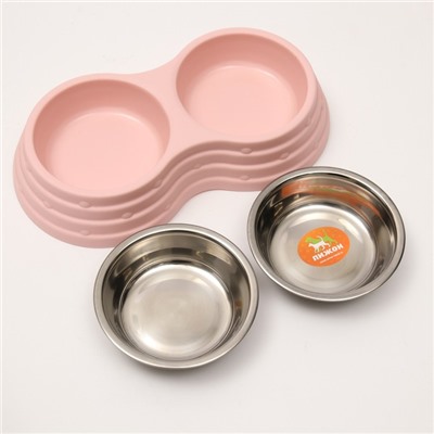 Миска двойная, 25×14×5 см, на пластиковом основании, металл, розовая