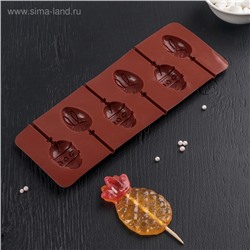 Форма для леденцов Доляна «Пасхальный кролик», силикон, 26×10×1 см, 6 ячеек, с палочками, коричневая