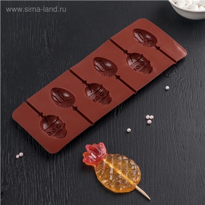 Форма для леденцов Доляна «Пасхальный кролик», силикон, 26×10×1 см, 6 ячеек, с палочками, коричневая