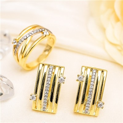 Комплект ювелирной бижутерии Итальянское золото (покрытие желтое 14к), серьги и кольцо 19 р, вставка: фианиты, цвет: прозрачный, арт.216.403-19