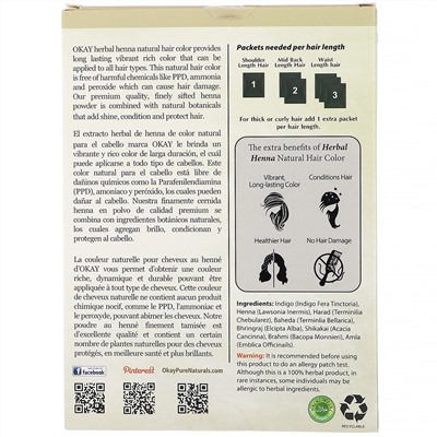 Okay Pure Naturals, Натуральная краска для волос из травяной хны, черный, 56,7 г (2 унции)
