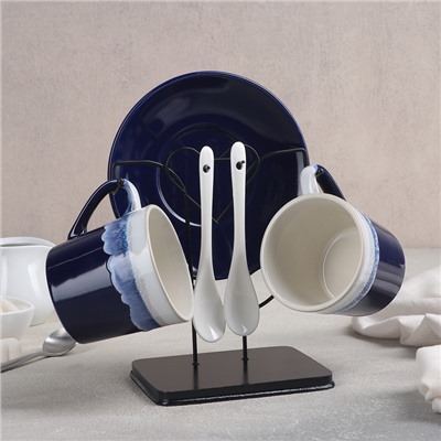 Набор чайный «Волна», 6 предметов: 2 чашки 200 мл, 2 блюдца 14 см, 2 ложки, на металлической подставке