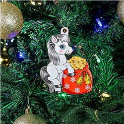 Новогодняя ёлочная подвеска из дерева "Пони с мешком денег" 9 см