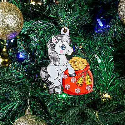 Новогодняя ёлочная подвеска из дерева "Пони с мешком денег" 9 см