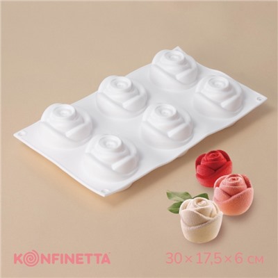 Форма для муссовых десертов и выпечки KONFINETTA «Розы», 30×17.5×6 см, 6 ячеек (6.5×6.8 см), белая