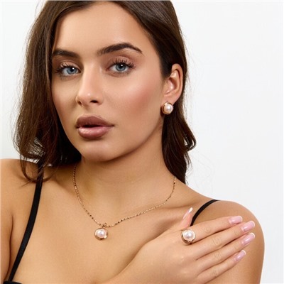 Комплект ювелирной бижутерии коллекция "Дубай" серьги, кулон и кольцо 19 р, покрытие позолота, вставка: искусственный жемчуг, арт.414.348-19