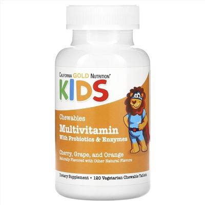 California Gold Nutrition, Жевательные мультивитамины с пробиотиками и ферментами для детей, фруктовое ассорти, 120 вегетарианских таблеток