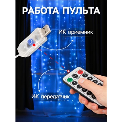 Гирлянда «Занавес» 2.8×3 м роса на крючках, с пультом, IP20, серебристая нить, 300 LED, свечение синее, 8 режимов, USB