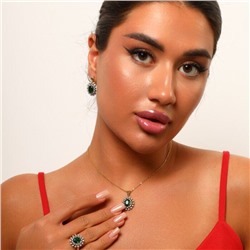 Комплект ювелирной бижутерии Итальянское золото (покрытие желтое 14к), серьги, кольцо и кулон, вставка: фианиты, цвет: прозрачный и изумрудный зеленый, р-р 17, арт. 216.050-17