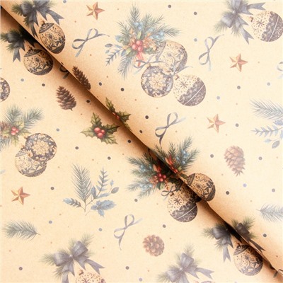 Бумага упаковочная новогодняя «Рождественские игрушки», бурый крафт, 80 г/м², 50×70 см